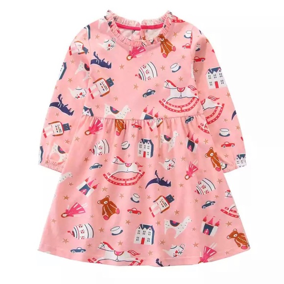 Other - New✨ Girls Pink & Navy Toy Box 🧸 All Over Print Ruffle Neck Boutique Dress 🎀
